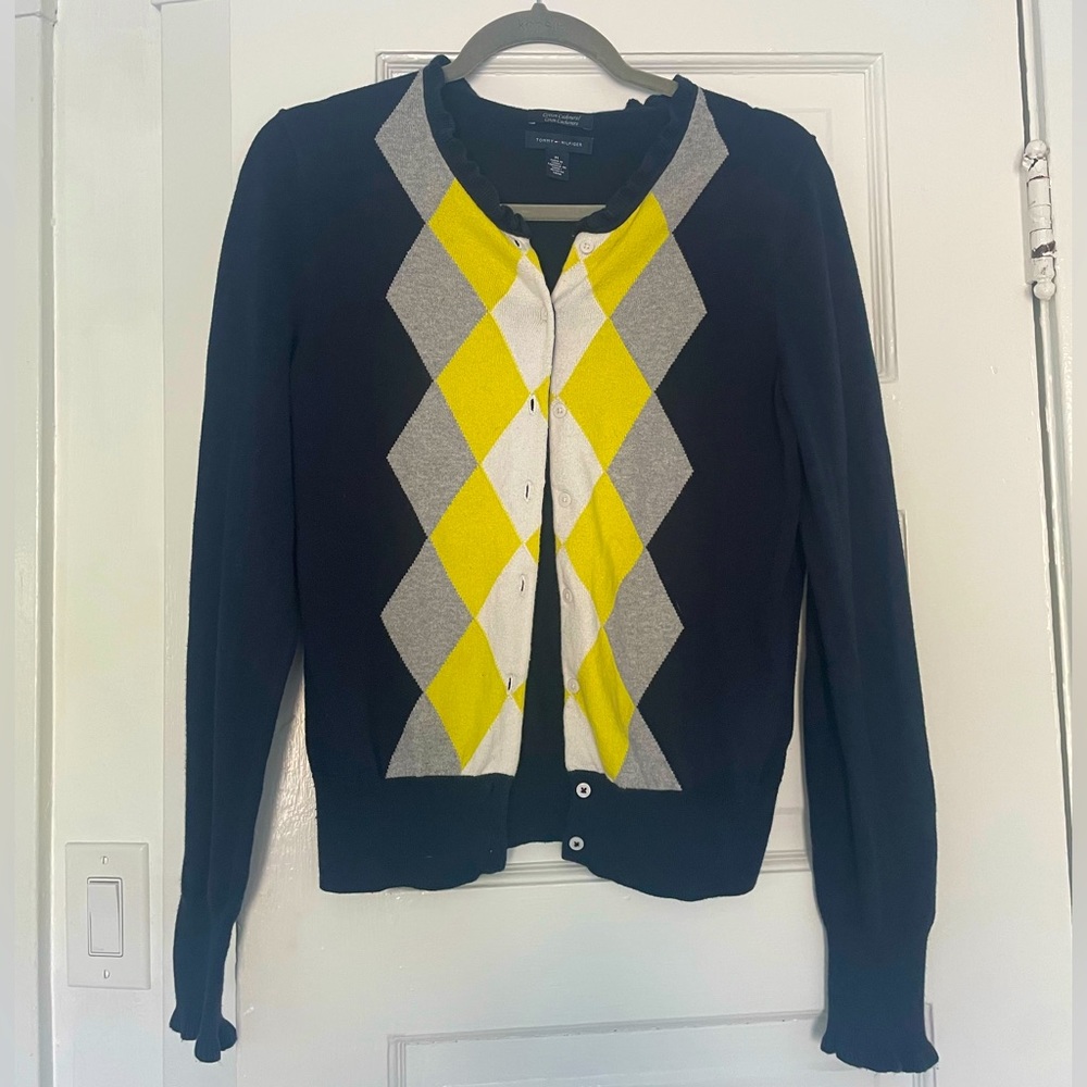 Tommy Hilfiger Navy, Grey and Yellow checkered cardigan sweater cashmere/cotton